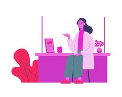 Stylish woman sitting at modern desk explaining ideas in vibrant and colorful workspace environment vector
