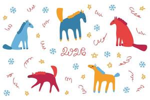 Hand drawn illustration with horses, snowflakes, stars, and confetti ribbon serpentine. New year 2026 print design animal collection. Greeting card template. vector