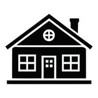 Simple black and white illustration of a house with windows and a chimney on a white background vector