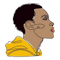 Continuous line drawing of an African American man on a white background. Stylized profile of a young person in a yellow hoodie showcasing creativity and individuality through simple line art vector