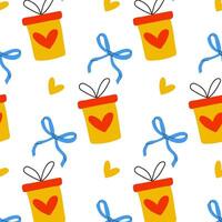 A Vibrant and Colorful Pattern of Gift Boxes that Feature Hearts and Charming Bows vector