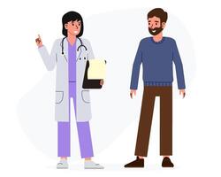 Healthcare professional discussing patient details with a man in a casual setting vector