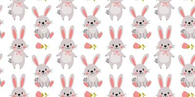 Cute cartoon bunnies surrounded by flowers create a whimsical pattern for decoration and design vector