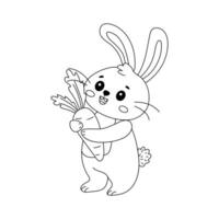 A cheerful cartoon bunny is holding a large orange carrot with green tops. The bunny has a happy expression, making it perfect for children's coloring activities. vector