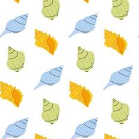 Colorful pattern of seashells in various shapes and colors on a white background vector
