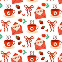 Charming LoveThemed Pattern Featuring Cute Cups and Delicious Strawberries. Seamless pattern for Valentine's Day, illustration in modern style. vector