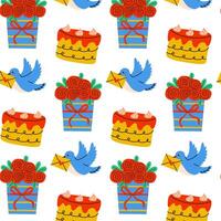A colorful and joyful celebration pattern featuring delightful cakes and cheerful birds vector