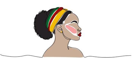 Continuous line drawing of an African American woman on a white background. Woman with cultural headwrap applying face mask while relaxing in water during a serene moment vector