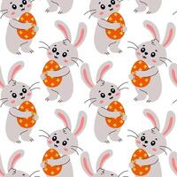 Cute cartoon rabbits holding orange eggs in a playful pattern on a white background vector