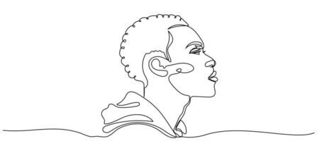Continuous line drawing of an African American man on a white background. Line art portrait of a young man emerging from water during a contemplation moment in a serene setting vector