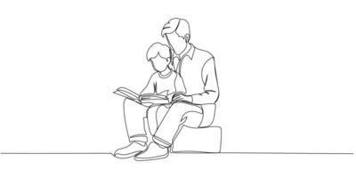 One continuous line drawing of father and son, editable line, Father's Day. Father and son reading together in a cozy setting during a quiet afternoon at home vector