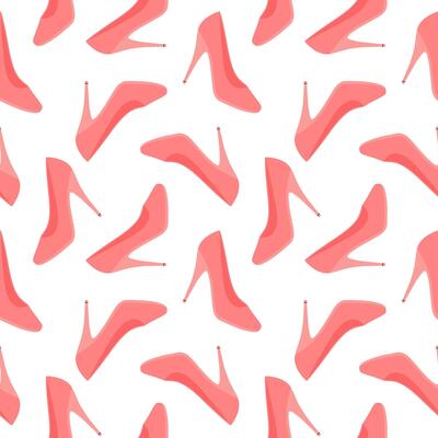 Seamless pattern of pink girl shoes on a white background. Fashion of the 2000s. Pattern for textile, wrapping paper, notebook, notepads