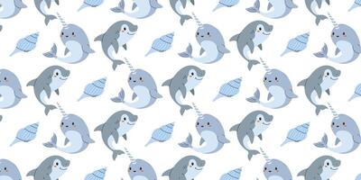 Colorful pattern featuring playful narwhals and seashells in a whimsical underwater theme vector