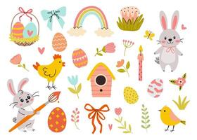 Bright and Colorful Illustrated Easter Scenes Featuring Bunnies, Colorful Eggs, and Spring Elements vector