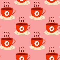 Adorable and Cute Pattern Featuring Red Coffee Cups Embellished with Charming Hearts vector