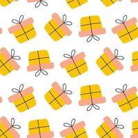 Brightly patterned wrapping paper featuring cheerful yellow gift boxes with bows on a clean white background vector