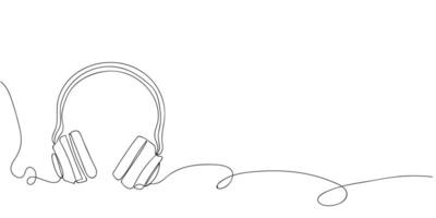 Continuous one line drawing of headphones speaker for podcast web banner. Music gadget and earphones devices in simple linear style. illustration in doodle style. vector