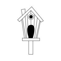 A charming birdhouse stands on a post with a bird nestled inside. The illustration features a minimalistic black and white design that highlights simple elegance and artistic flair. vector