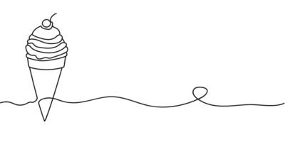 Ice cream in waffle cone in one continuous line drawing. Symbol dessert gelato for menu and business card design in simple linear style. illustration in doodle style vector