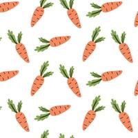 Repeated pattern of orange carrots on a white background with green leaves creates a vibrant and playful design vector