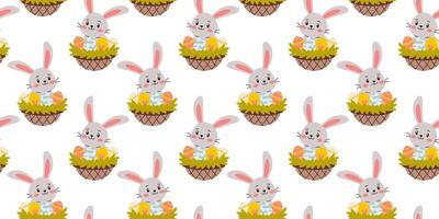 Cute cartoon bunnies in nests with colorful eggs create a festive atmosphere for spring celebrations and Easter events vector
