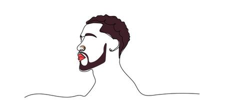 Continuous line drawing of an African American man on a white background. Profile illustration of a man with stylish beard and textured hair showcasing modern artistic design vector