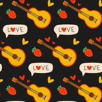 A Colorful Pattern Featuring Guitars, Strawberries, and Hearts. Seamless pattern for Valentine's Day, illustration in modern style. vector