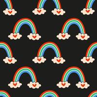 A Colorful Rainbow Pattern Featuring Joyful Hearts and Soft Clouds in a Bright Design vector