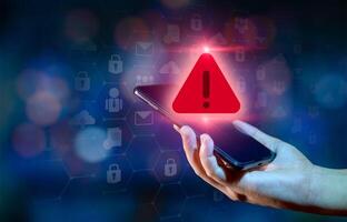 Hacker control and spying on your mobile phone. Symbol of caution in the use of cell phones.Alert Email inbox and spam virus with warning caution for notification on internet letter security photo