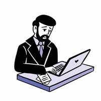 Man with beard works on laptop color style flat vector