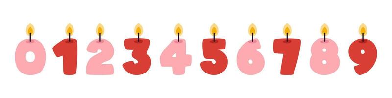cute pink and red numbers candles set. Collection of kawaii happy burning birthday cake candles. Candles shaped like numbers in flat design. Funny age year candles. vector