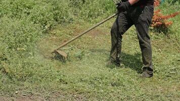 Man using string trimmer to cut overgrown grass in backyard, Protective gloves and precise movement improve lawn maintenance and garden care efficiency video