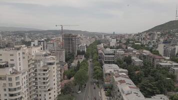 Aerial modern cityscape with dense apartment blocks, central road flanked by trees, and cranes over active construction sites, reflecting urban expansion, overpopulation, and infrastructure pressure video