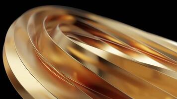 Close-up abstract view of swirling golden metallic ribbons creating a dynamic, fluid shape against a dark background with reflections and highlights. video