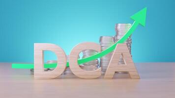 A 3D rendering shows the wooden letters DCA, representing Dollar-Cost Averaging, with stacks of silver coins and a rising green arrow symbolizing growth and investment strategy. video