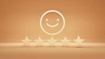 Wooden icons representing a positive rating with a happy smiley face and five stars against a warm background, symbolizing excellent service or product satisfaction. video