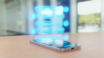 A smartphone on a table projects a futuristic holographic interface showing AI chat bubbles and icons for artificial intelligence conversation. video