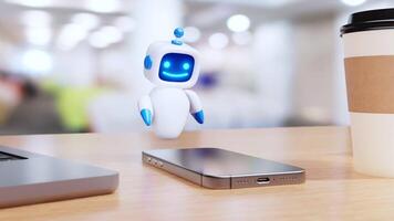 Cute AI robot character processes and manages emails surrounded by digital icons on a desk with modern devices. Concept of automated email sorting and communication. video