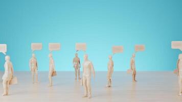 uma grupo do simples de madeira figuras com discurso bolhas simboliza conexão, conversação, e a troca do Ideias dentro uma o negócio ou social rede contexto. video