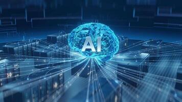 Abstract visualization of artificial intelligence connecting data servers. AI concept with brain network node linking to computer racks in a futuristic data center environment. video