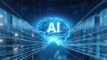 Abstract concept of Artificial Intelligence represented by a glowing brain structure within a data center environment, connected by futuristic network lines to server racks. video