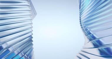 Abstract 3D rendering of two futuristic metallic structures with twisting, spiraling shapes against a light blue background, suggesting technology, innovation, and modern design. video