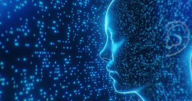 artificial intelligence background human head composed of data points and binary code. Represents concepts of digital mind, machine learning, and futuristic technology. video