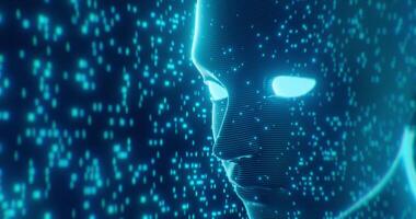 Abstract AI concept background. Wireframe human head with glowing eyes surrounded by digital data points, representing artificial intelligence and technology. video