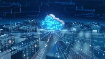 Abstract visualization of cloud computing connecting to server racks in a data center, representing data transfer, network communication, and modern digital technology. video