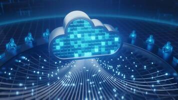 3D animation depicts a glowing cloud icon linked to abstract figures working at consoles by luminous data lines, representing cloud computing, data network, and technological connection. video