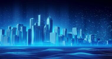 digital inteligente cidade fundo ciclo com futurista edifícios, brilhando linhas, flutuando binário código, e fluindo dados rede ondas, ideal para o negócio apresentações ou tecnologia conceitos. video