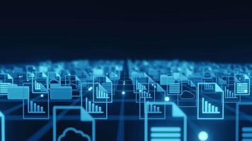 Abstract digital background showing documents, folders, and cloud icons connected by a grid network, representing data flow and management in a technological environment. video