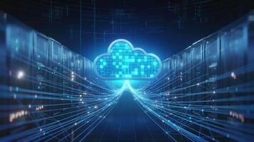 Abstract visual representation of cloud computing and data storage within a modern data center, showing digital network connections and information flow between servers and the cloud. video