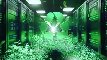 A futuristic data center corridor integrating natural elements and a prominent recycling symbol, sustainable cooling and green technology for eco-friendly computing and environmental video
